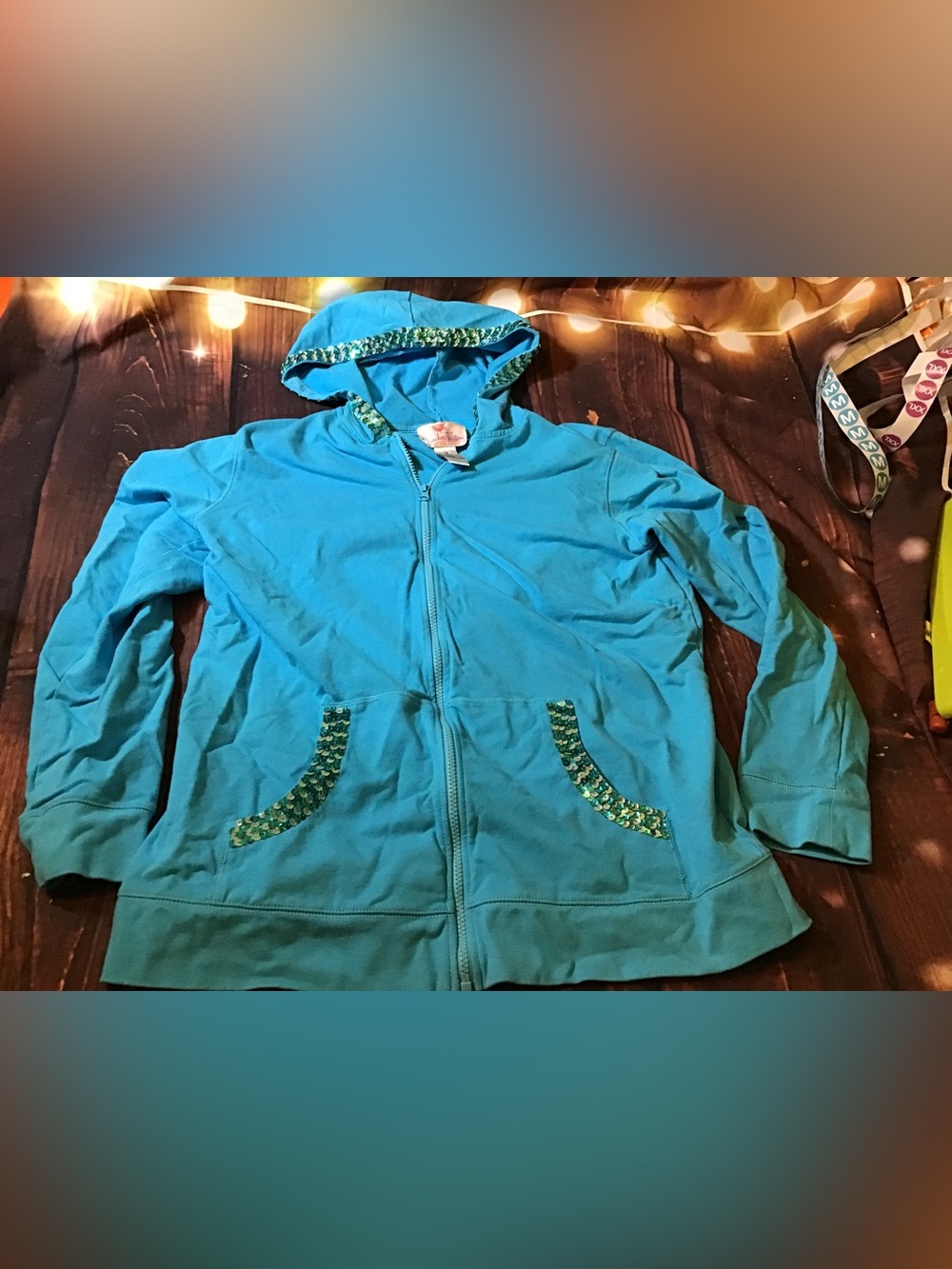 Quacker factory turquoise zip up hoodie green sequin 90’s size medium